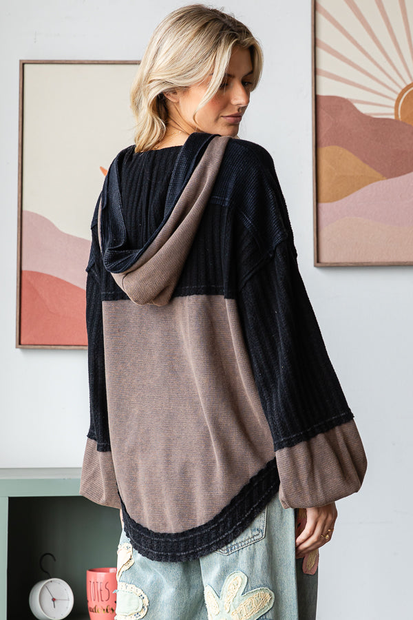 WASHED HENLEY NECK COLORBLOCK TOP HOODED TOP