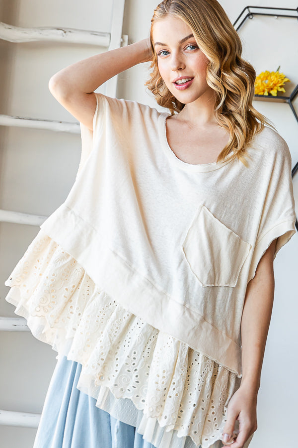 WASHED LAYERED RUFFLE EYELET LACE HEM PEPLUM TOP