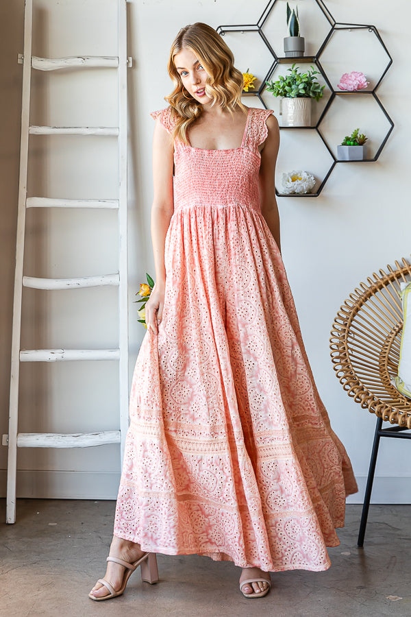 WASHED SMOCKED EYELET SLEEVELESS WIDE LEG JUMPSUIT