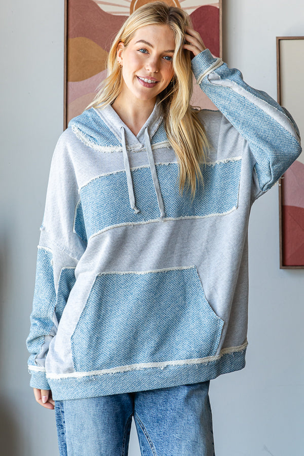 CONTRAST PATCHWORK DRAWSTRING HOODED TOP