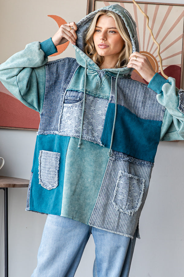 WASHED PATCHWORK DENIM HOODED PULLOVER TOP