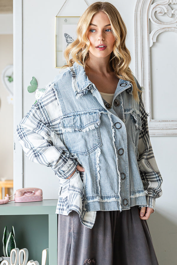 WASHED PLAID CONTRAST BUTTON FRONT DENIM JACKET