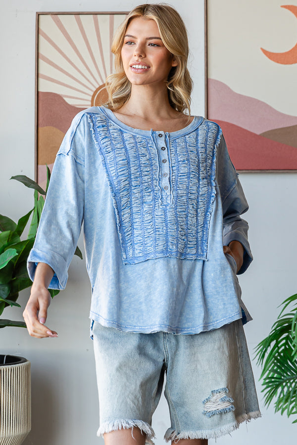 SMOCKED FRONT HENLEY NECK OVERSIZED TOP