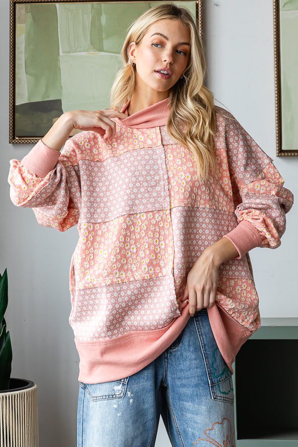 FLORAL PATTERNED FUNNEL NECK LONG SLEEVE SWEATER
