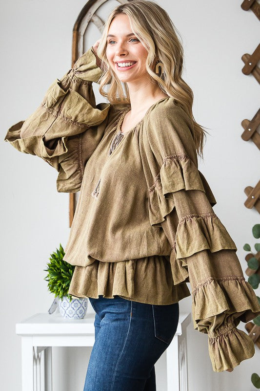 WASHED TIERED RUFFLE SLEEVE PEPLUM BLOUSE