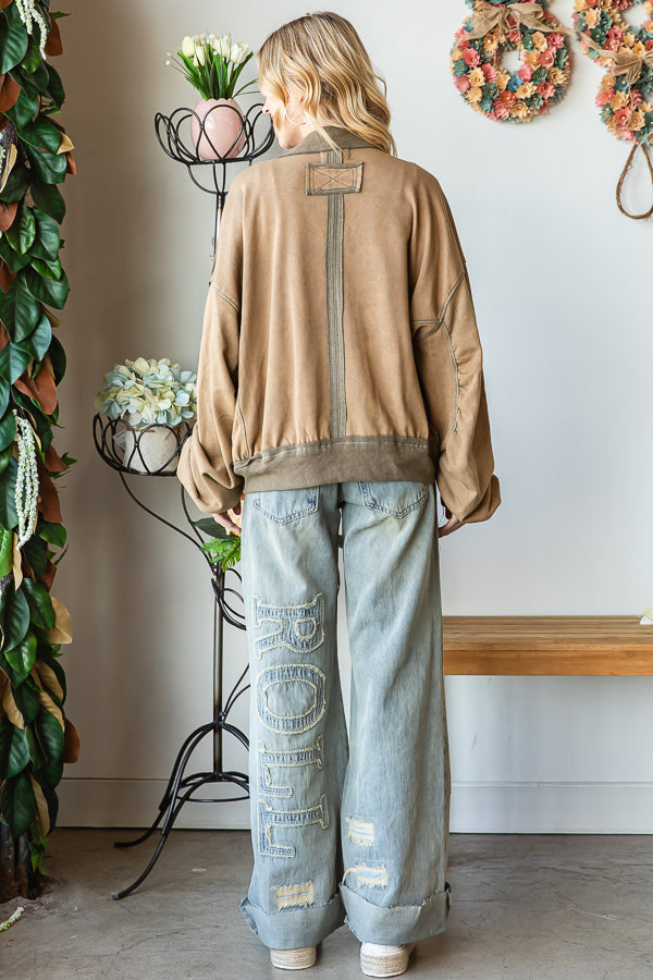 MINERAL WASHED ZIPPER FRONT BOMBER JACKET