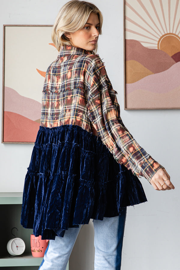 VELVET RUFFLE HEM BLEACHED LONG SLEEVE PLAID SHIRT