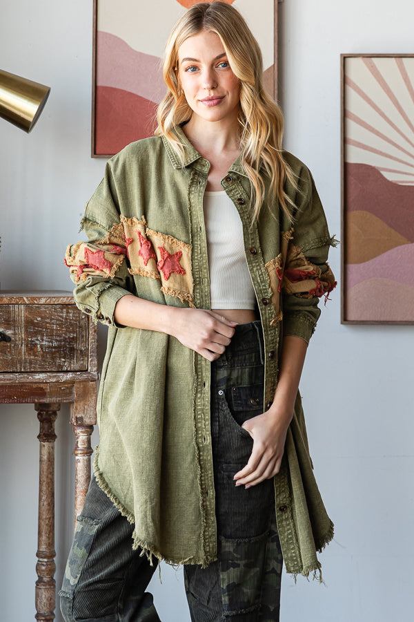 WASHED STAR PATCHWORK BUTTON DOWN SHACKET