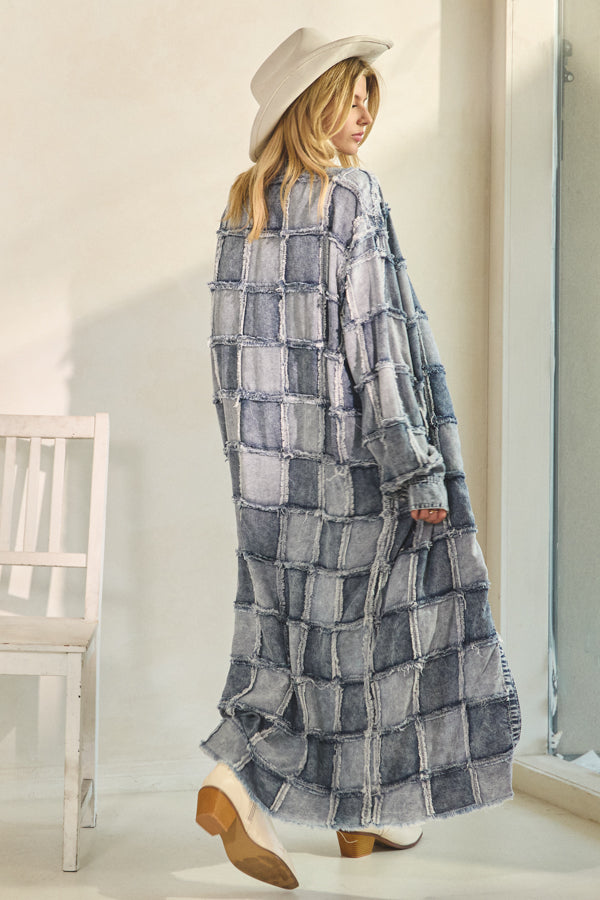 WASHED SQUARE PATCHWORK TENCEL LONG SHIRT