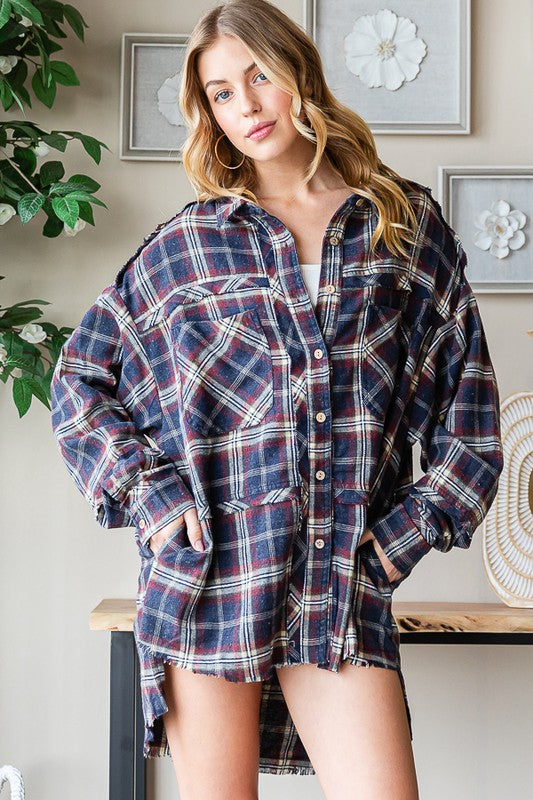 WASHED HI LOW HEM POCKETS PLAID SHIRT