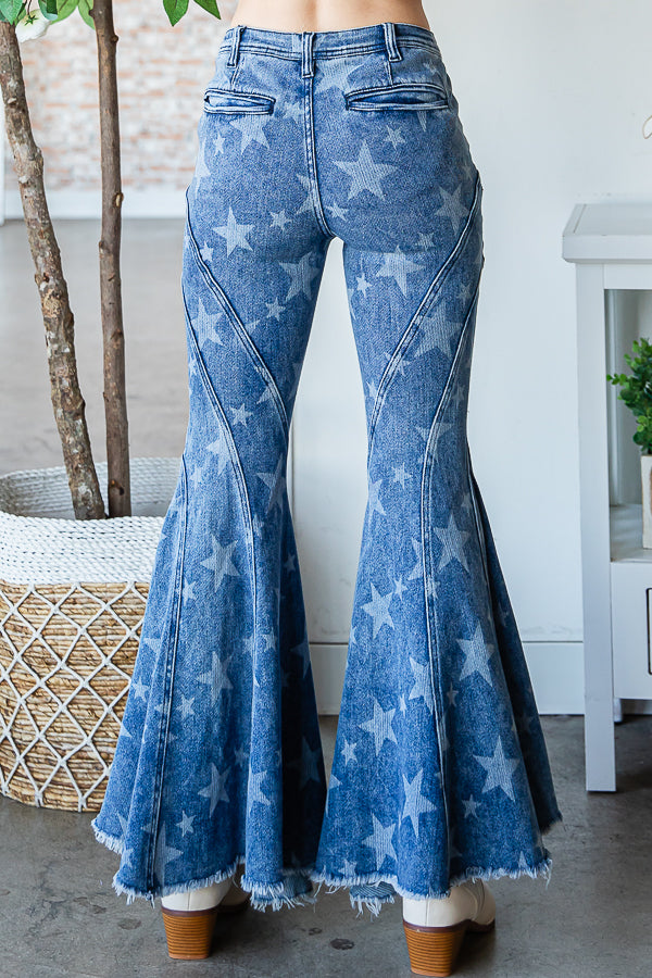 STAR DETAIL RUFFLE FLARE HEM DENIM JEANS