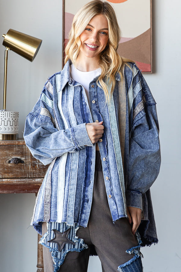 WASHED STRIPED PATCHWORK DENIM SHACKET