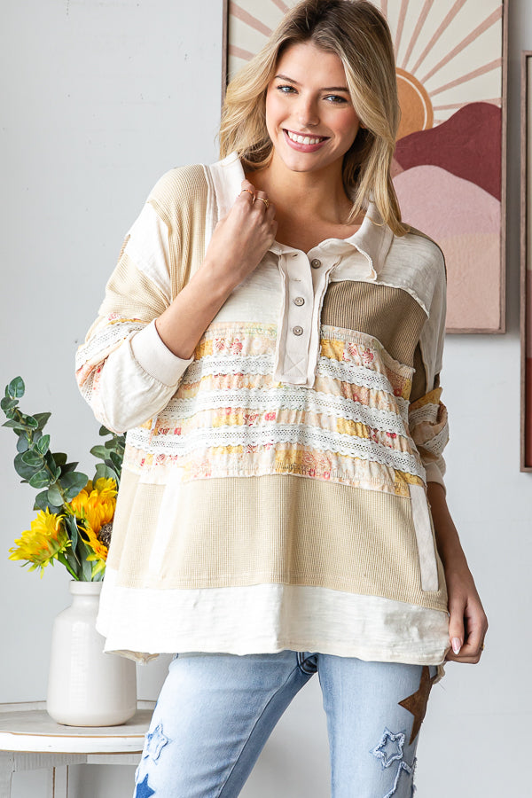 WASHED MIXED FABRIC BUTTON COLLAR LONG SLEEVE TOP