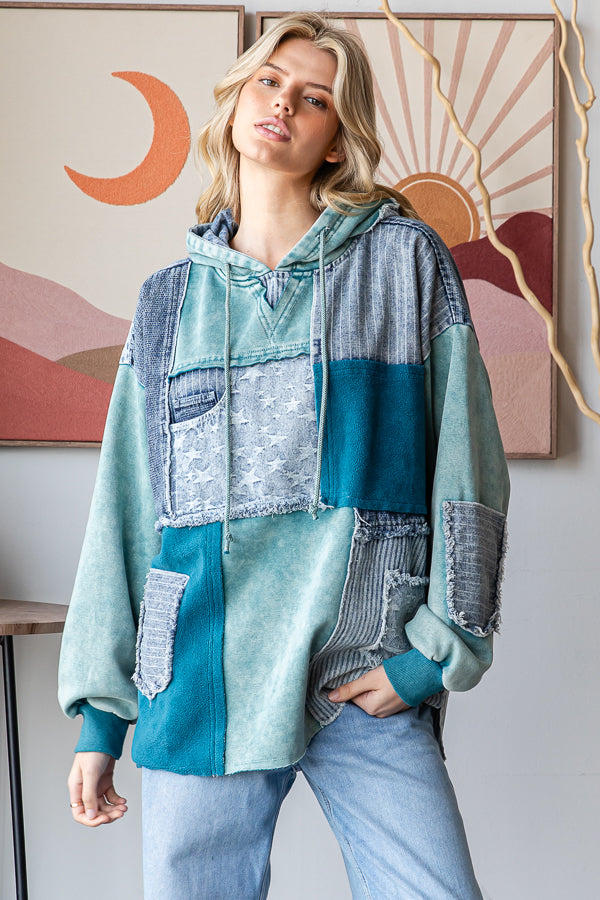 WASHED PATCHWORK DENIM HOODED PULLOVER TOP