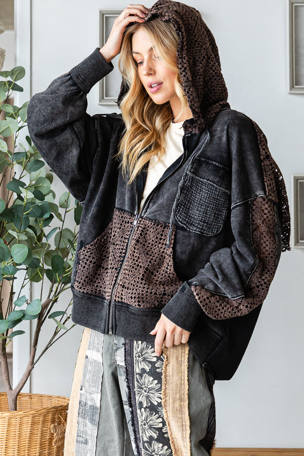 WASHED BACK TWIST DETAIL HOODED ZIP UP JACKET