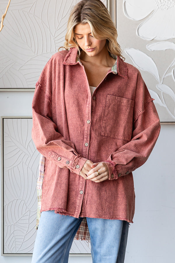 WASHED PLAID PACTHWORK BACK DETAIL SHIRT