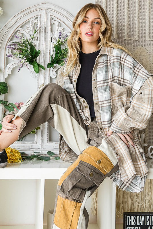 WASHED MIXED PLAID RAW HEM LONG SLEEVE SHIRT