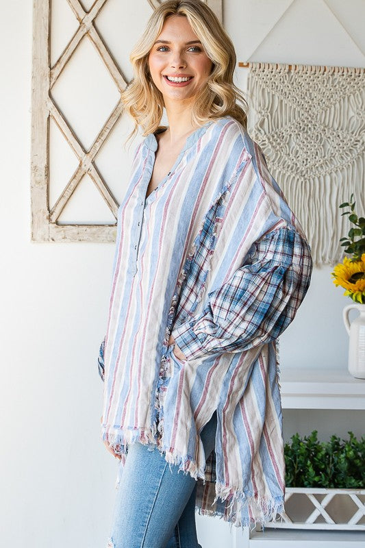 WASHED HENLEY V NECK MIX MEDIA PLAID SHIRT