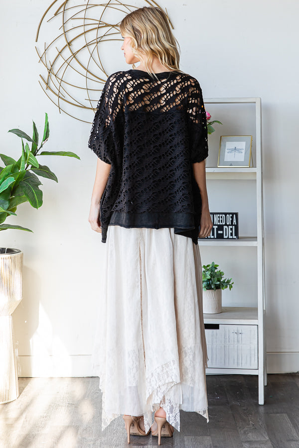 WASHED CROCHET LAYERED KNIT TOP