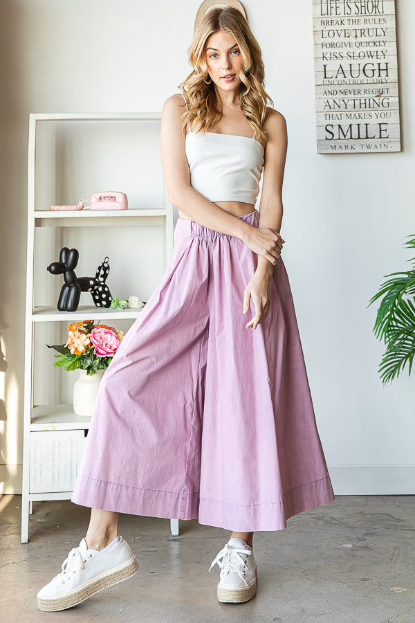 WASHED PLEATED DETAIL WIDE LEG CROPPED PANTS