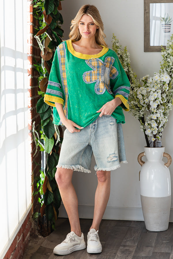 WASHED FLOWER PATCHWORK KNIT TOP