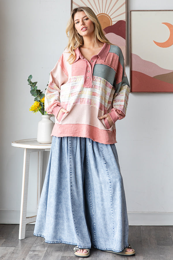 WASHED MIXED FABRIC BUTTON COLLAR LONG SLEEVE TOP