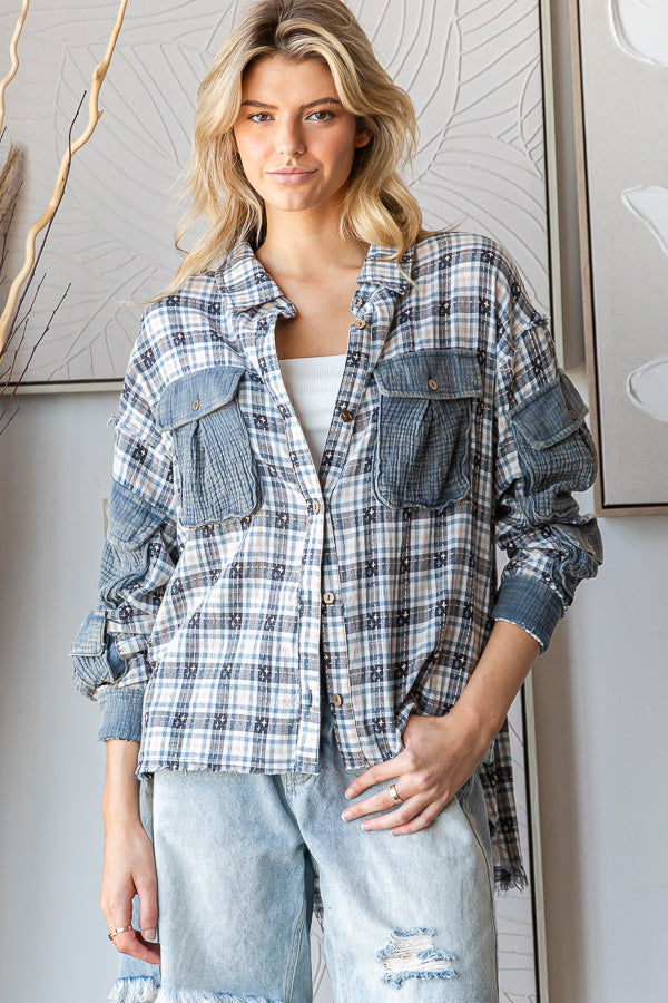 WASHED PLAID CONTRAST 3D POCKETS BUTTON DOWN SHIRT