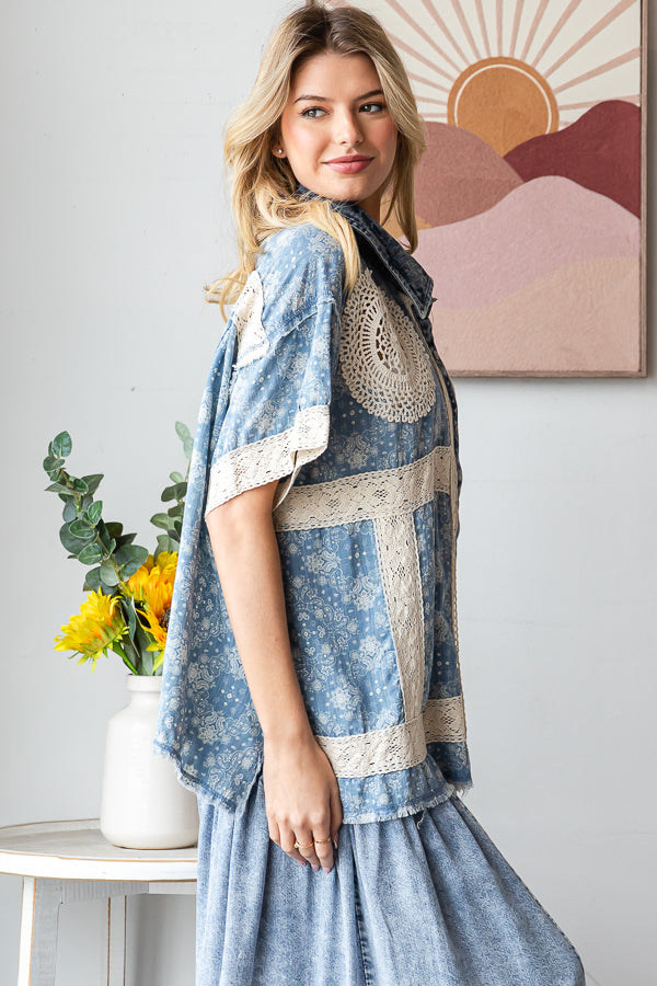 WASHED CROCHET PATCHWORK BUTTON DOWN SHIRT