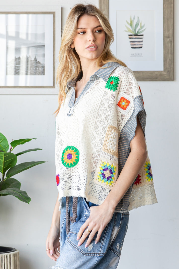 MIX MATCH CROCHET PATCHED LACE COLLAR TOP