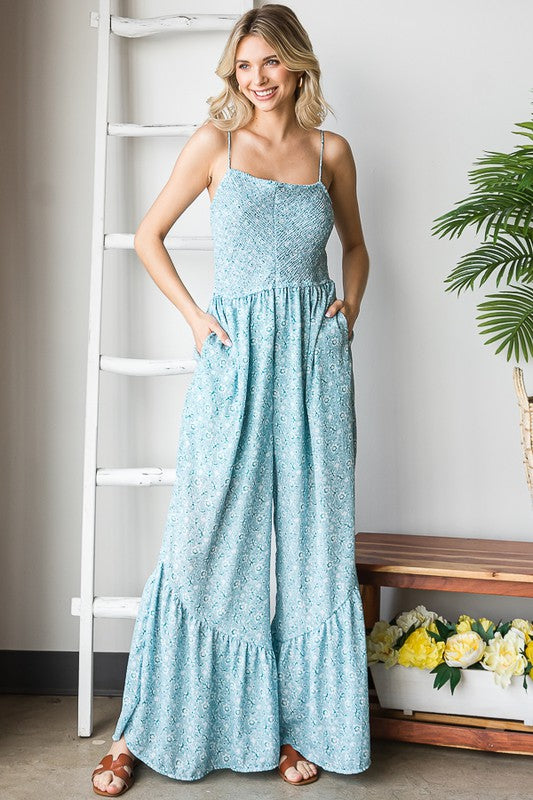 SMOCKED CAMI RUFFLE HEM RELAXED JUMPSUIT