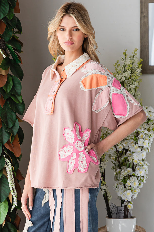 WASHED FLOWER PATCHWORK COLLARED TOP