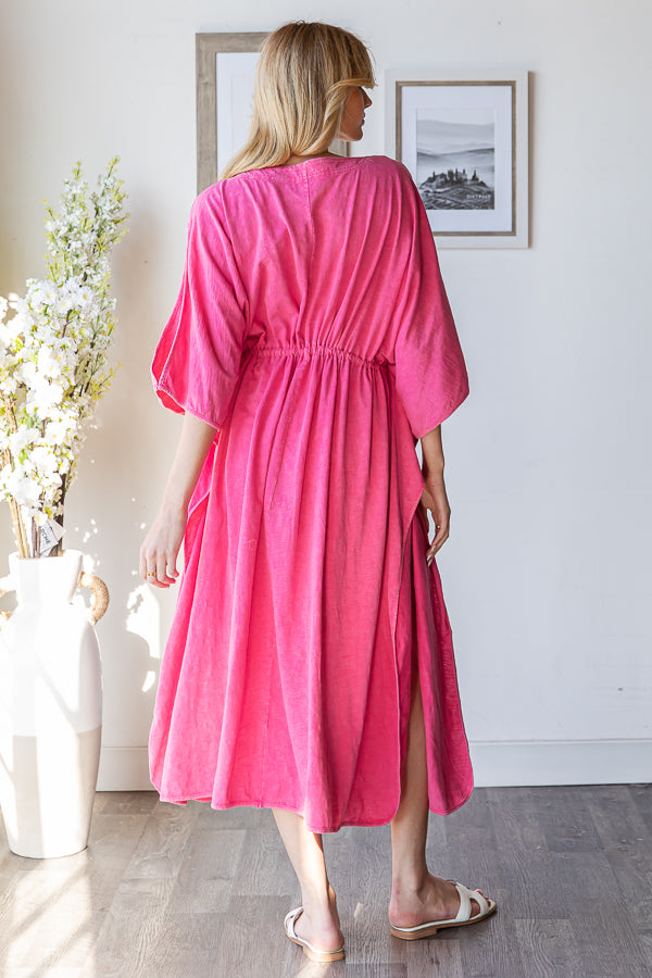 WASHED V NECK RUCHED WAIST COLD SHOULDER MAXI TOP