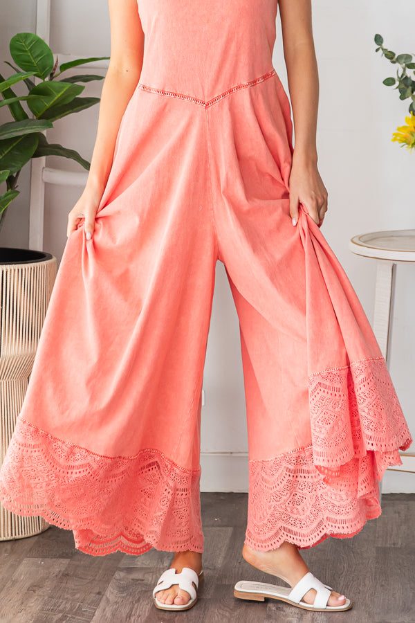 WASHED KEYHOLE BACK DETAILED WIDE LEG ROMPER