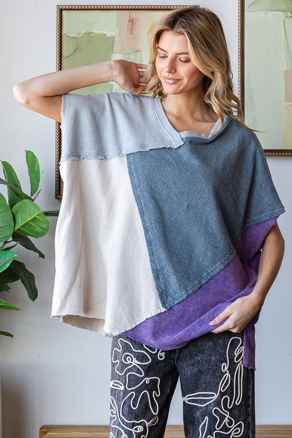WASHED COLORBLOCK WIDE V NECK SHORT SLEEVE TOP