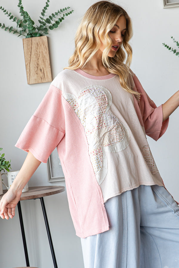 WASHED FLOWER PATCHWORK SHORT SLEEVE TOP