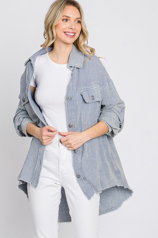 WASHED DOUBLE GAUZE BUTTON FRONT OVERSIZED SHACKET