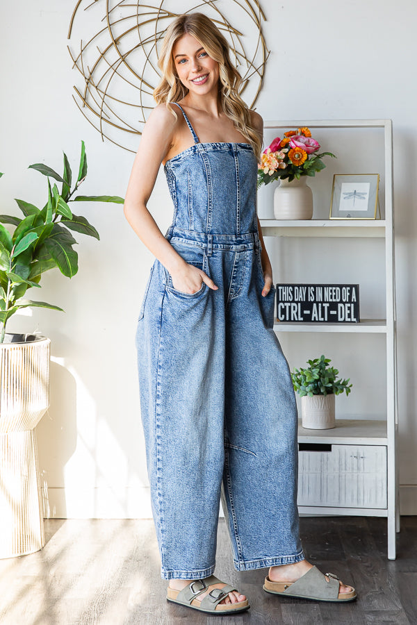 WASHED STRETCH DENIM OVERALLS