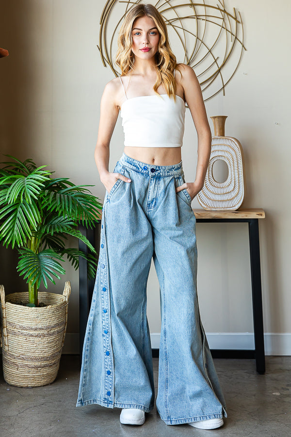 WASHED WIDE LEG FLARED PALAZZO DENIM PANTS