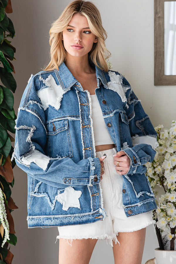 WASHED STAR PATCHWORK DENIM JACKET