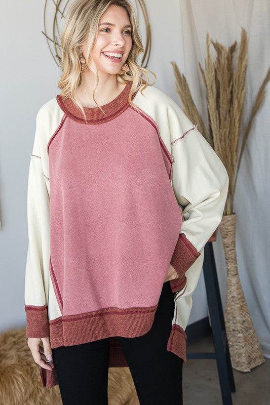 WASHED COLORBLOCK BOXY PULLOVER KNIT TOP