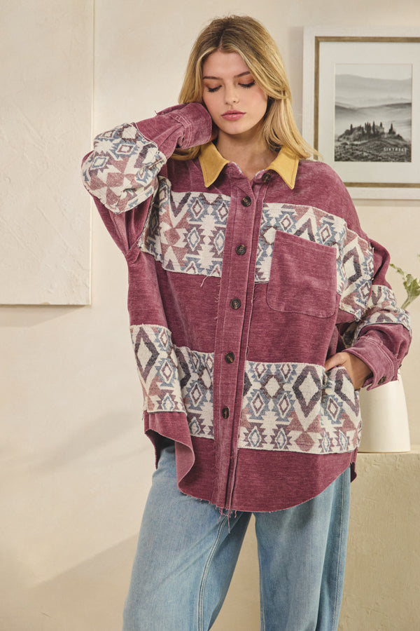 WASHED AZTEC PRINTED MIXED BUTTON DOWN SHACKET
