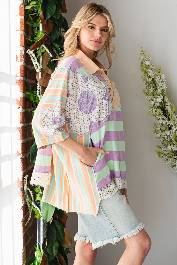 FLOWER PATCHWORK MULTICOLOR STRIPED TOP