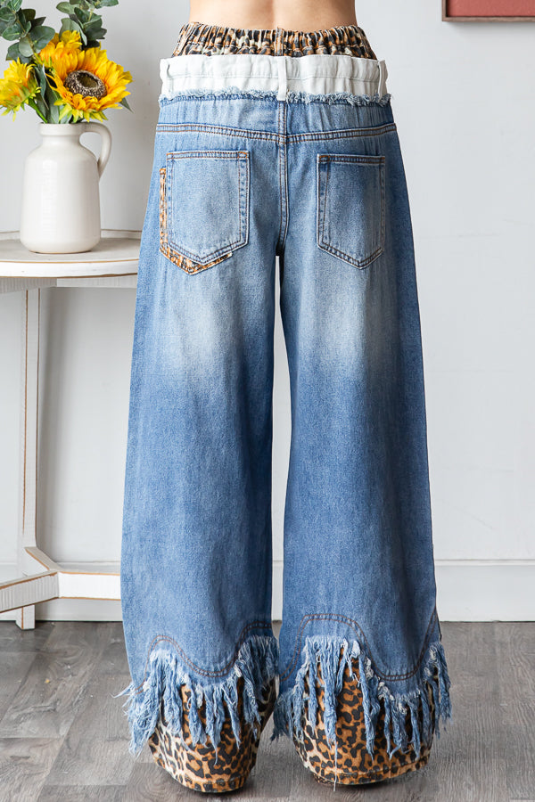 WASHED DOUBLED WAIST WITH FRAYED HEM JEANS