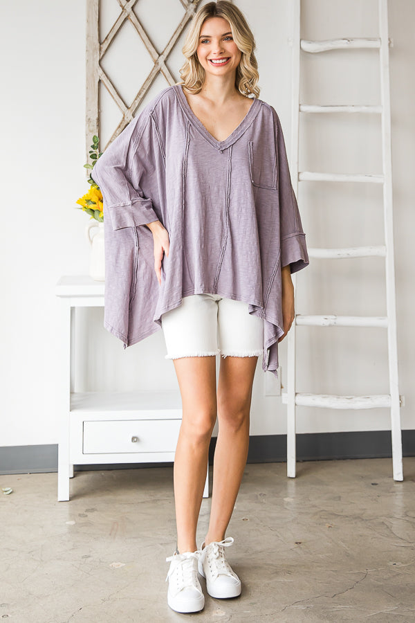 OVERSIZED V NECK SHARKBITE HEM SOFT KNIT TOP