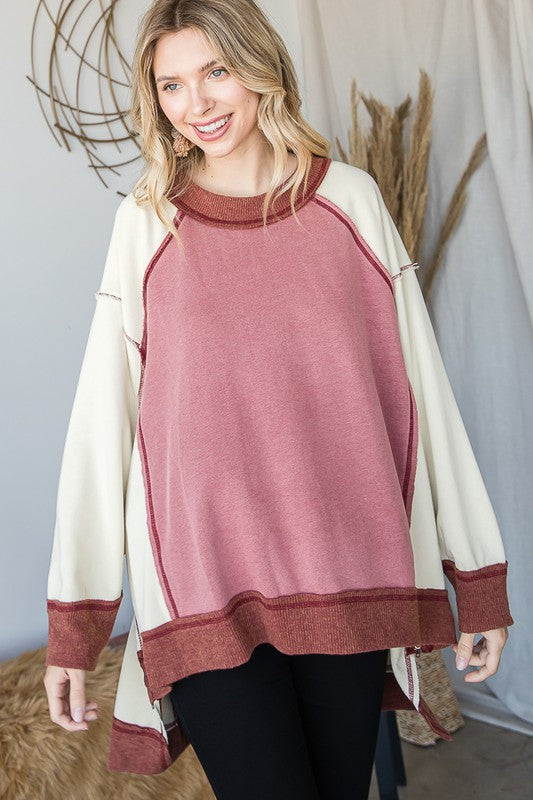 WASHED COLORBLOCK BOXY PULLOVER KNIT TOP