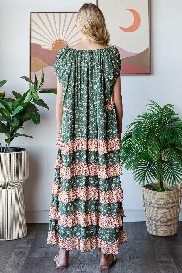 FLORAL PRINTED LAYERED RUFFLE MAXI DRESS