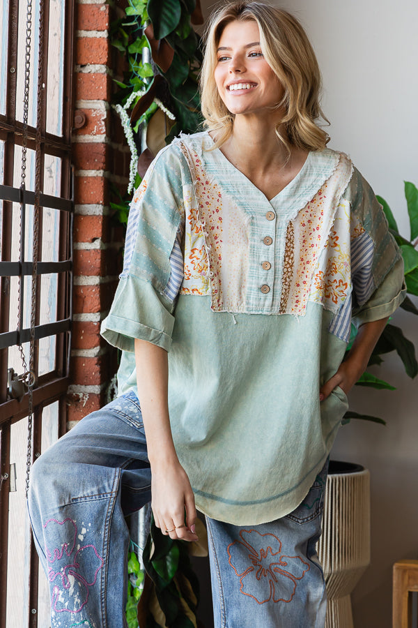 WASHED PRINTED HALF PLACKET HENLEY NECK SHIRT