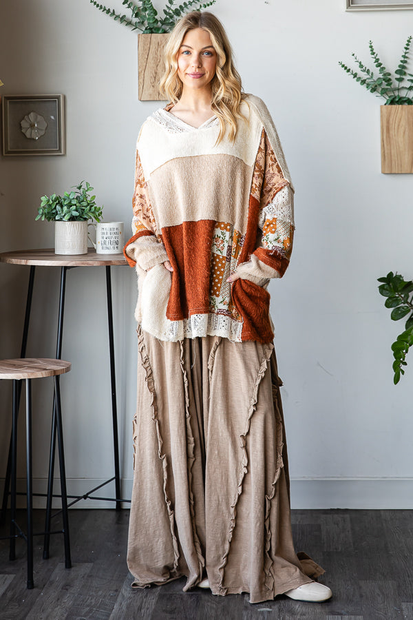 COLOR BLOCK PATCHWORK LONG SLEEVE PULLOVER HOODIE