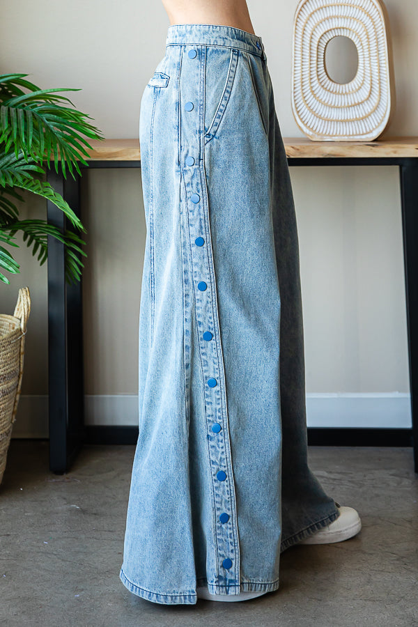 WASHED WIDE LEG FLARED PALAZZO DENIM PANTS