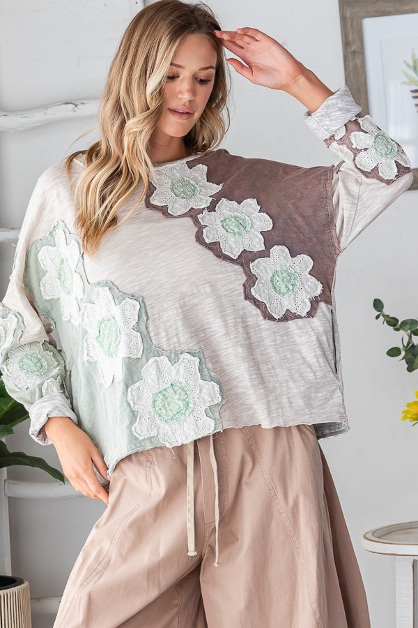 WASHED EYELET PATCHWORK LONG SLEEVE KNIT TOP